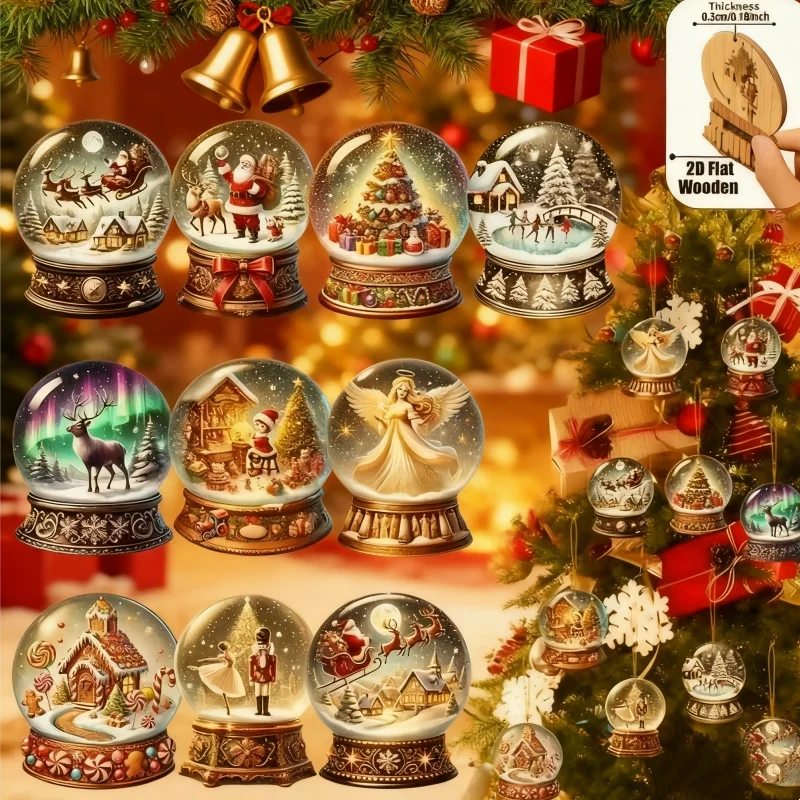 10-teiliges Set, flache viktorianische Weihnachtskugel-Ornamente aus Holz, Baumschmuck für Zuhause, Thanksgiving-Geschenke, Party-Dekoration, hängende Ornamente