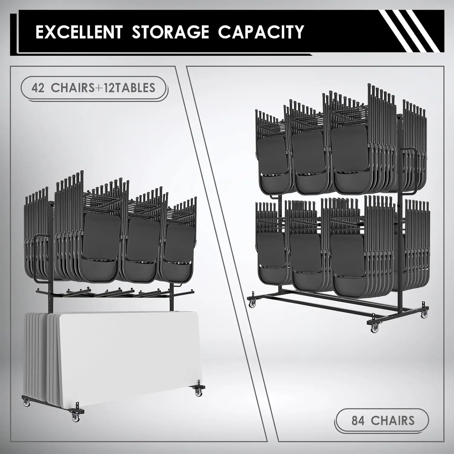 Folding Table and Chair Cart,Two Tier Folding Chair and Table Storage Rack with 800LBS Capacity for 84 Folding Chairs Heavy Meta
