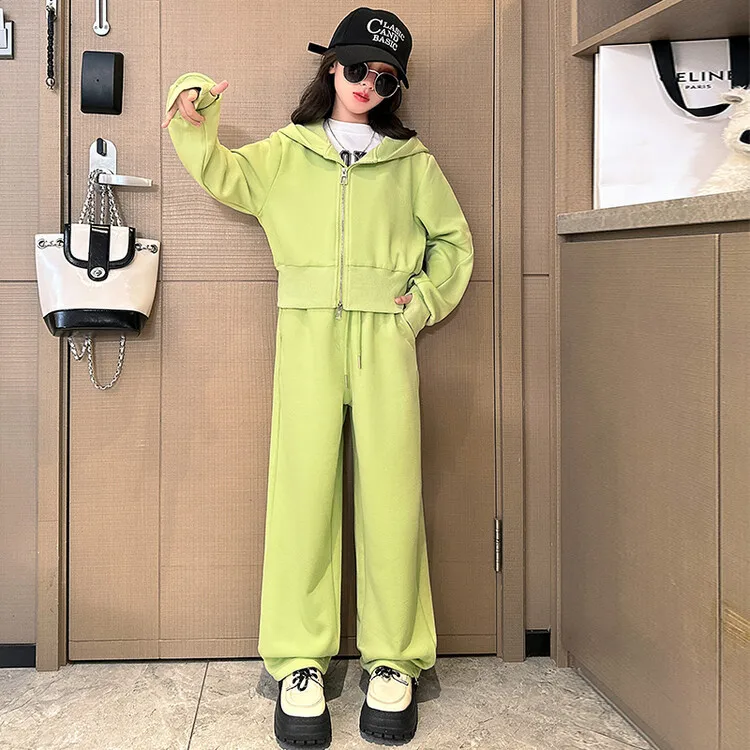 

Girl Suit New Spring Autumn Korean Fashion Style Sets Girls Solid Hooded Sport Coat Loose Pants Two Piece Suit Children Clothes