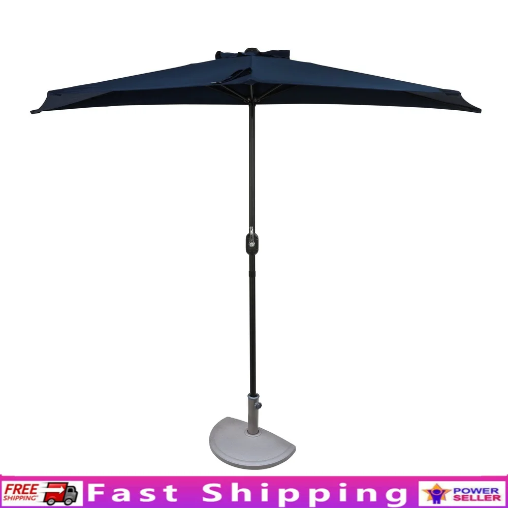 

9ft Half Patio Umbrella Navy Blue Polyester Canopy Freestanding Crank System Durable Steel Frame Small Spaces