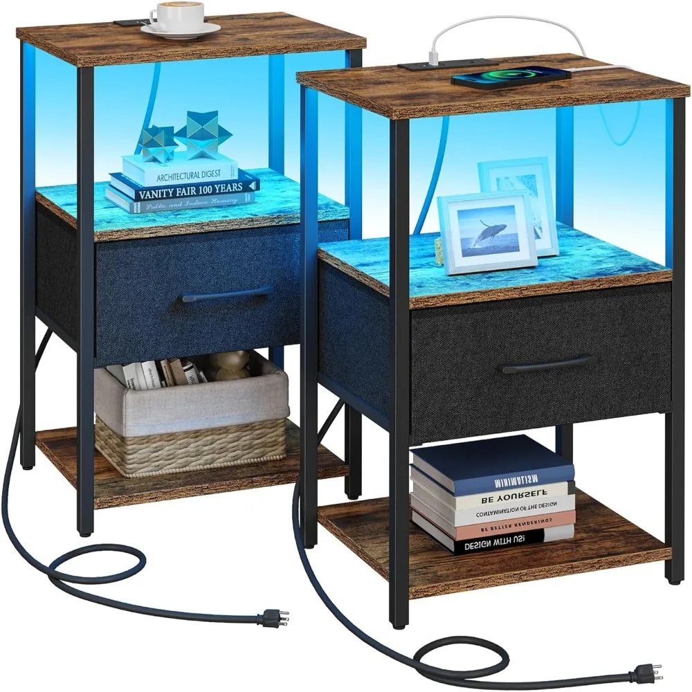 TUTOTAK LED Nightstand Set of 2, Night Stand with Charging Station, End Table, Bedside Table with Fabric Drawer, Side Table for