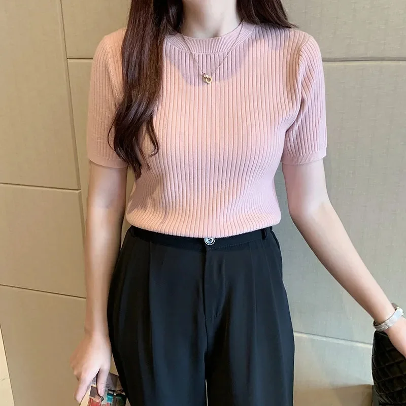 Spring And Autumn Round Neck Korean Fashion Short Sleeve Women\'s Knitted Sweater Loose Half Sleeve Summer Thin Pullover T-shirt