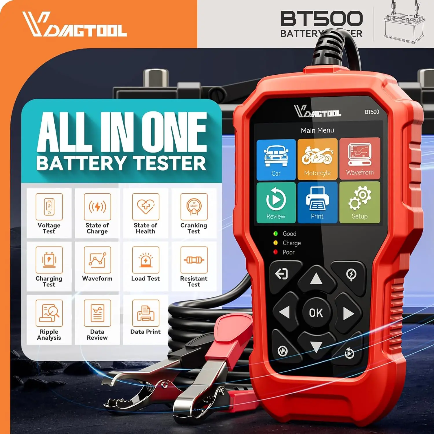 2024 VDIAGTOOL BT500 6V/12V/24V Tester batteria per auto 5-3000 CCA Auto Moto Analizzatore batteria Automotive Avviamento Strumenti di test di ricarica