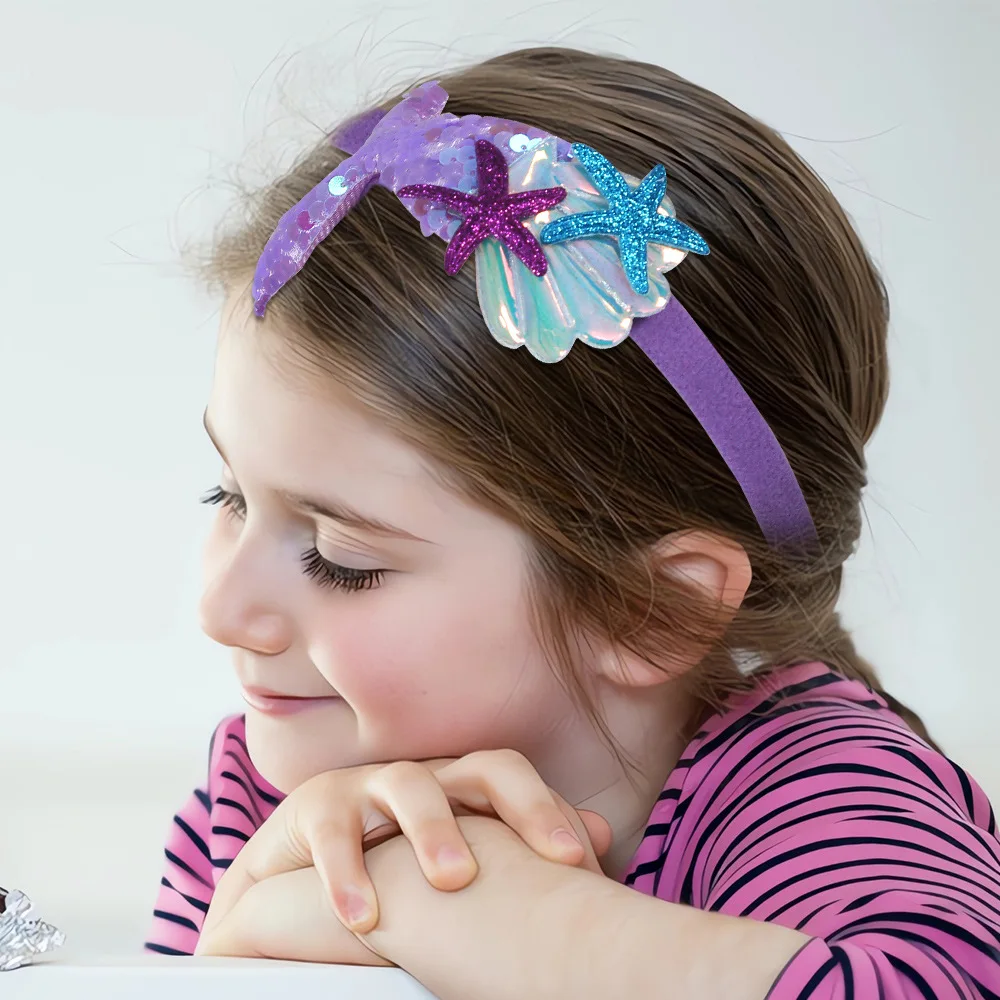 Kids Mermaid Headband with Sequined Fish Tail Princess Tiara Starfish Shell Design for Ocean Themed Parties And Decorations