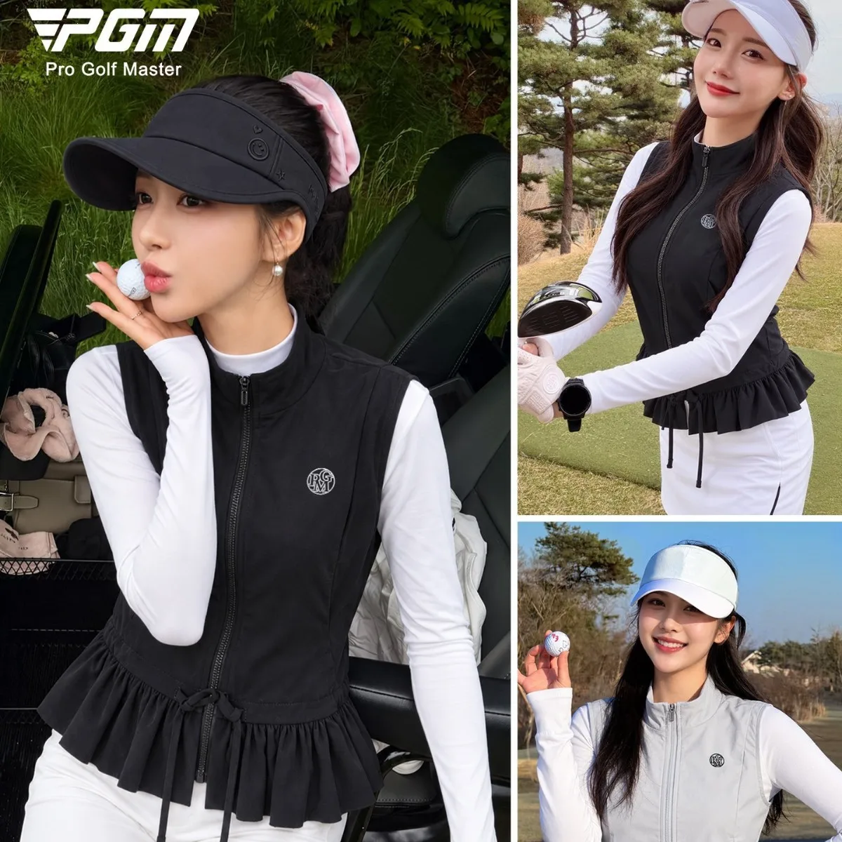 Pgm Women Korean Style Golf Vest Windproof Ruffle Slim Jackets Ladies Sleeveless Drawstring Golf Coat Versatile Sporty Tops