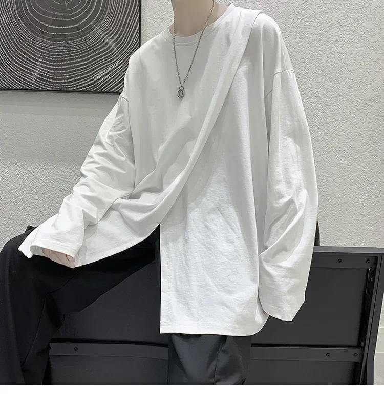 Autumn Split Cloak Long-sleeved T-shirt Men Loose Korean Solid Tops Student Couples All-match Tshirts Harajuku High Street Tees