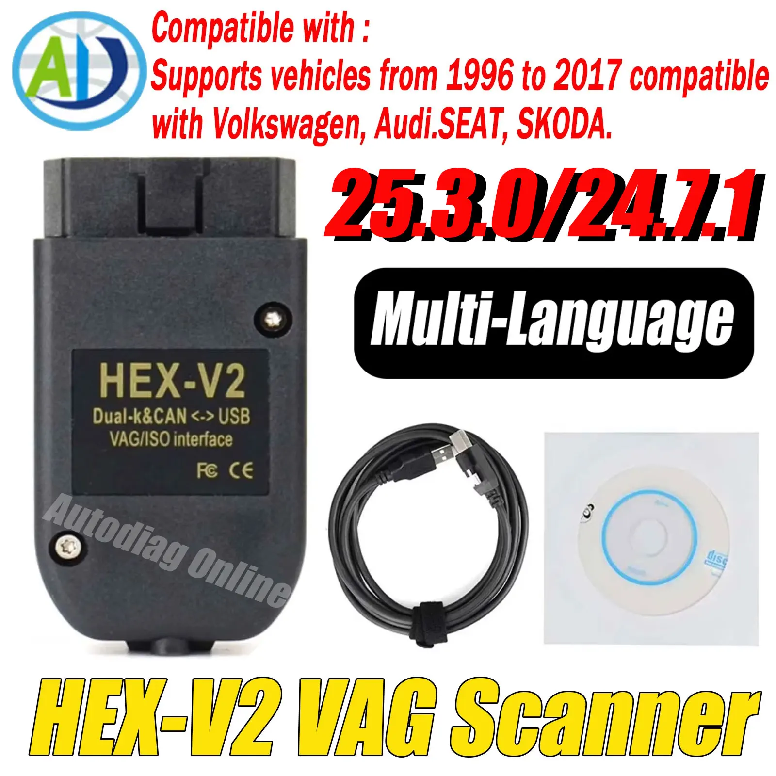 

HEX V2 OBDII Diagnostic Tool For Audi SKODA VW SEAT VCDS 25.3 VAG Scanner Multi-Language Wesheu VCDS VAG COM 24.7 OBD2 Scanner