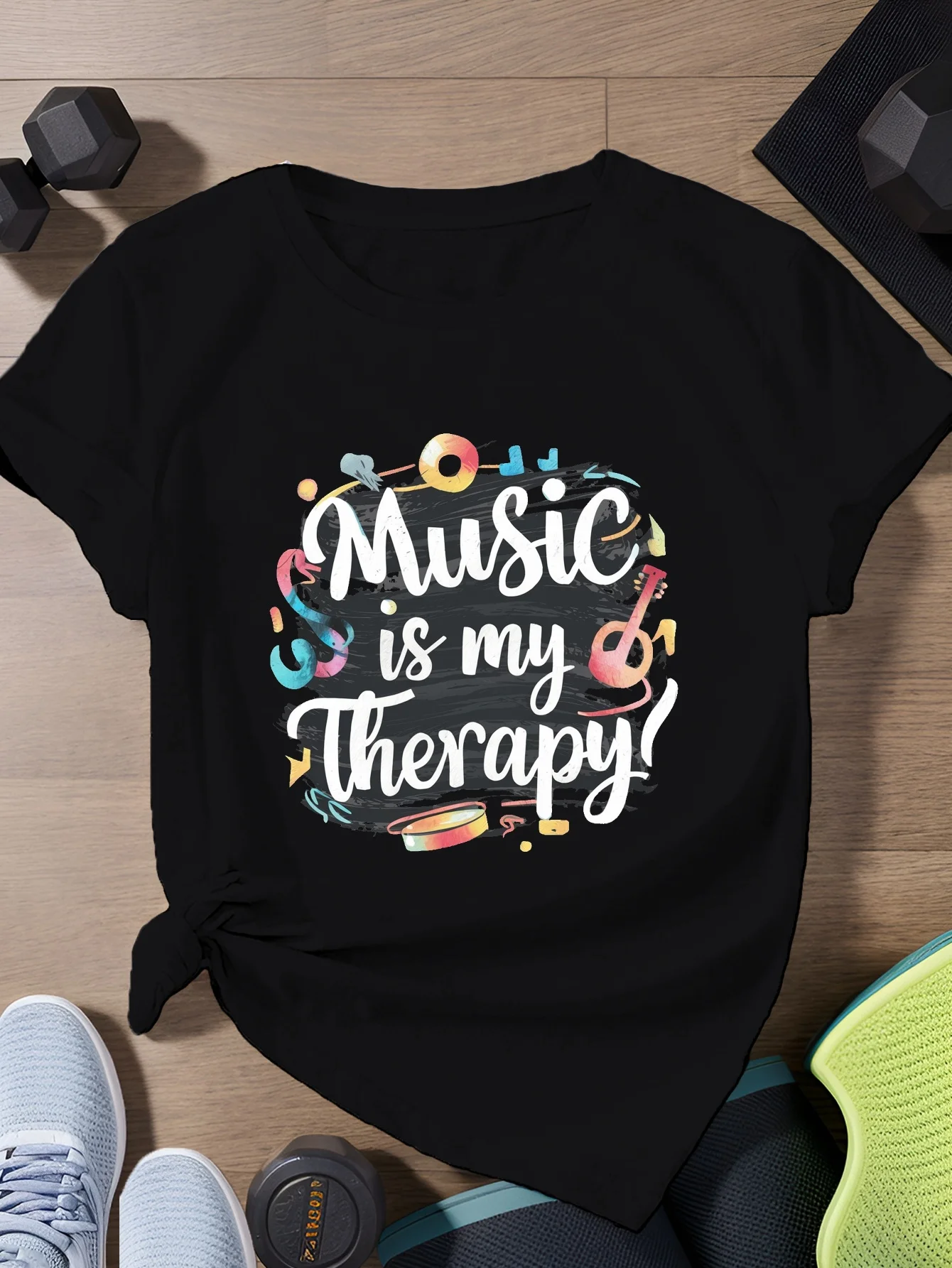 

Music is my Therapy Parttern Printed Summer Women Casual Tshirt Short Sleeve Roundneck Tshirt Soft Women Daily Wear Clothing