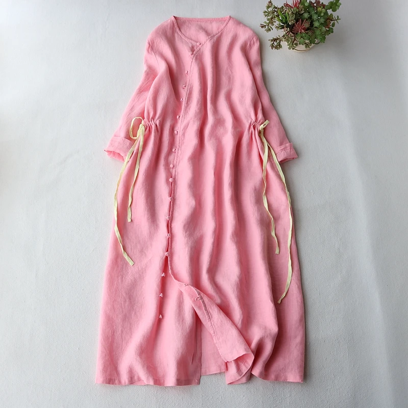 Retro Linen V-neck Long Dress Women's Fashion Pink A-line Gown Belted Open Cardigan Style Spring Collection  Knot