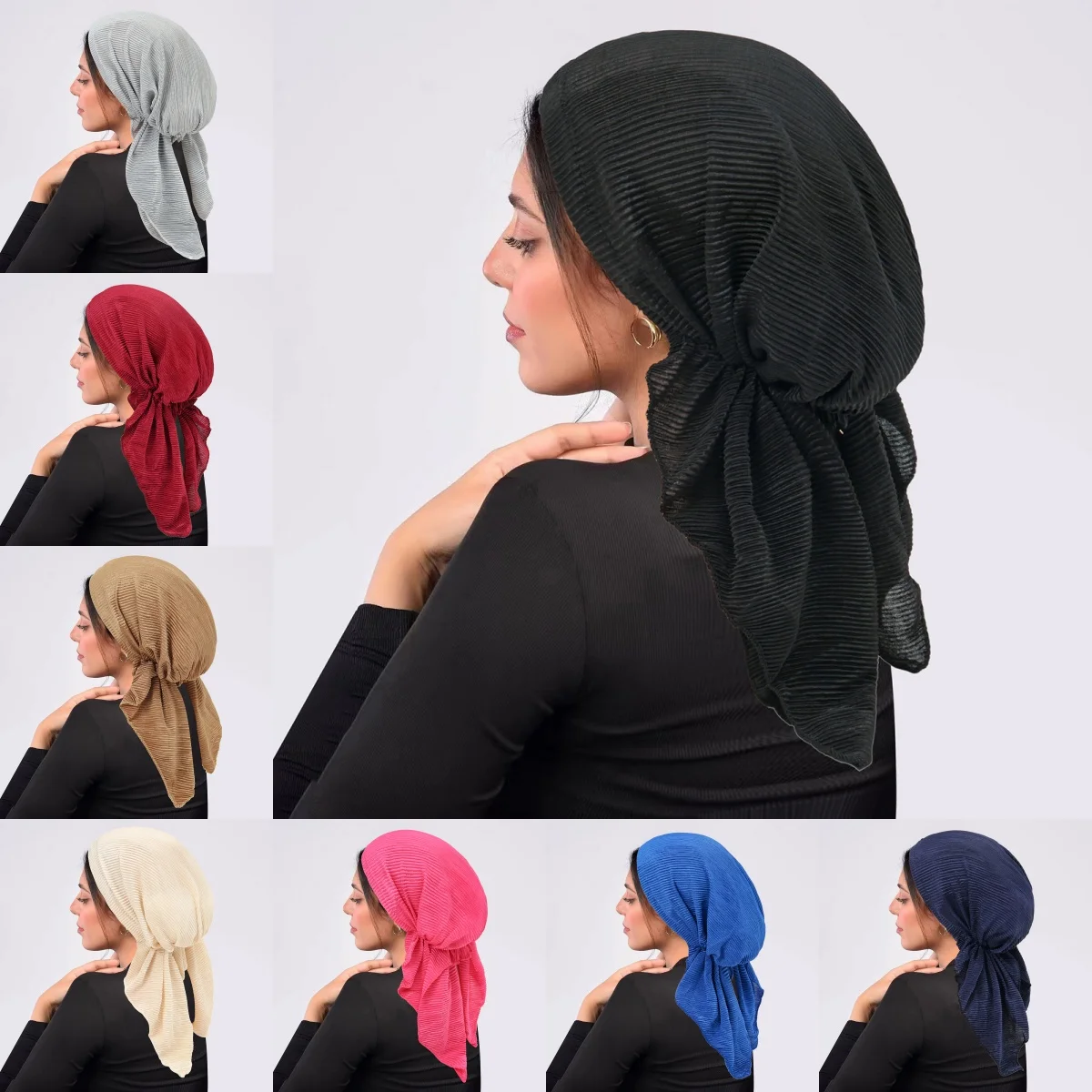 2025 New Crinkle Muslim Hijab Caps Wrap Head Soft Elastic Long Tail Turban Bonnet Fashion Solid Color Headdress Wearable