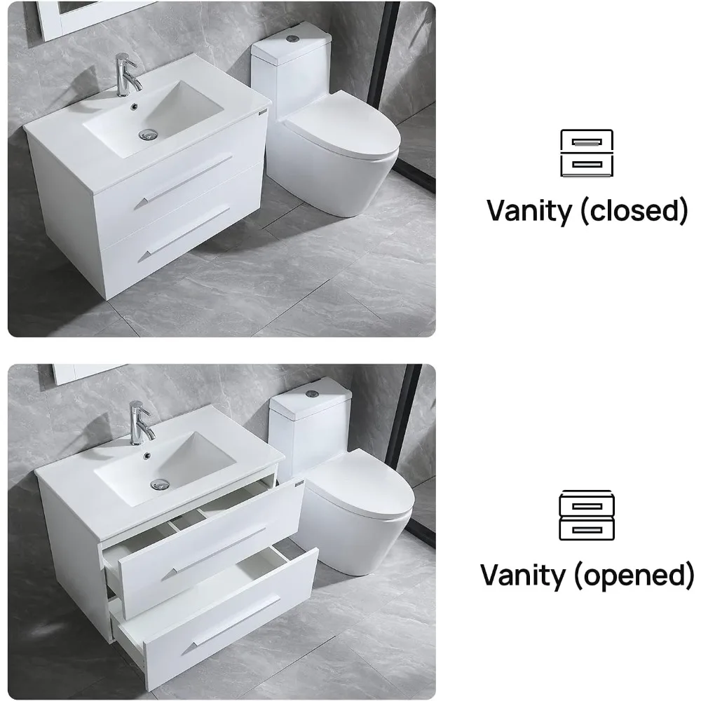 Conjunto de vaidade de banheiro wonline de 32 polegadas, armário branco montado na parede com torneira cromada combinada para pia