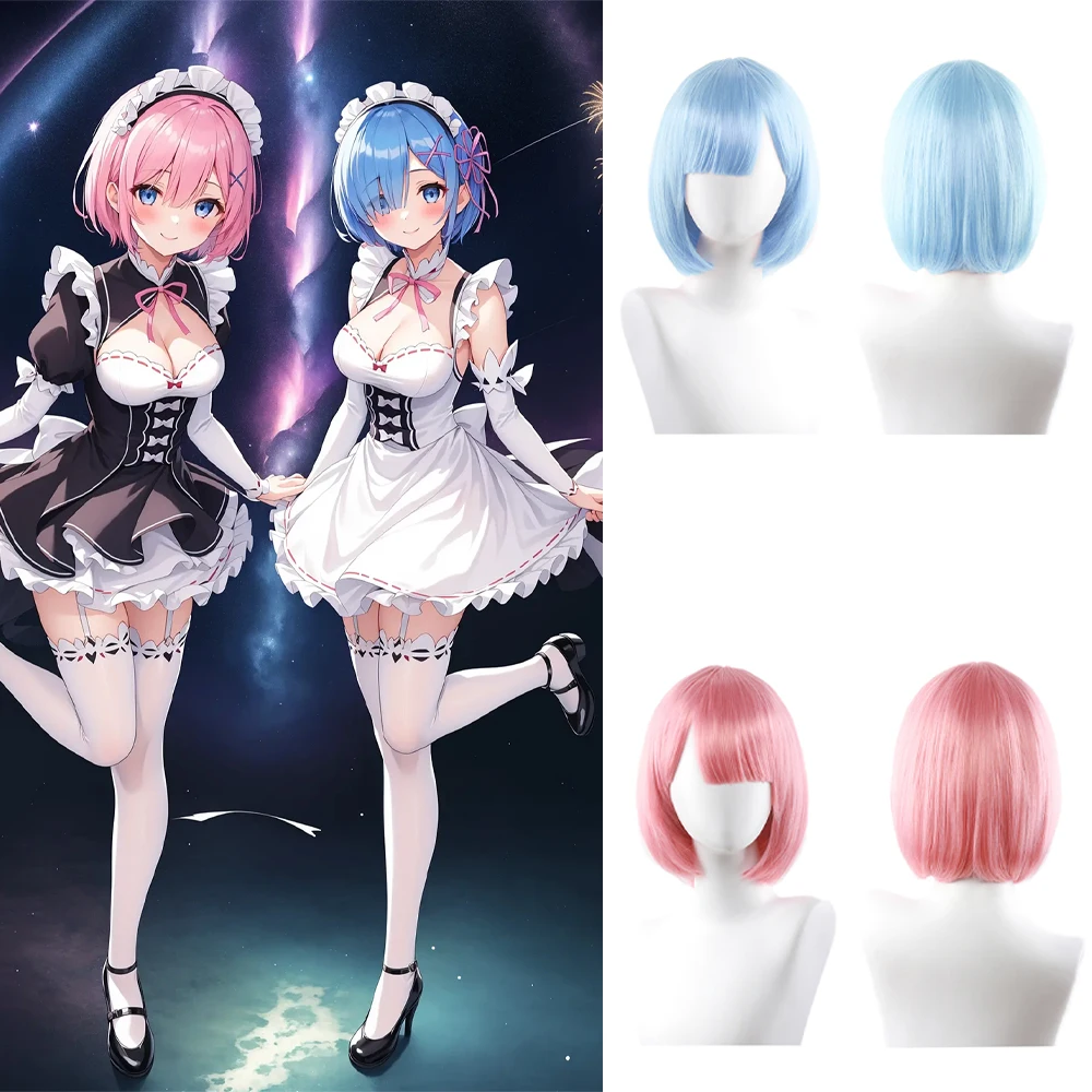 

High-Quality Anime Ram Rem Cosplay Synthetic Hair 12-Inch Short Hair With Bangs Halloween Daily Party Wig Heat-Resistant Natural