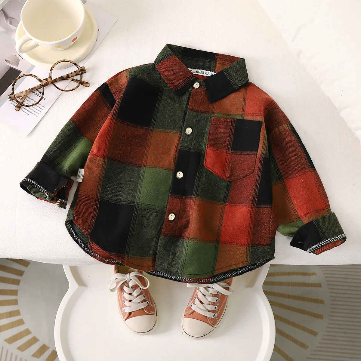 Autumn Toddler Boys Plaid Shirts Cotton Contrast Long Sleeve Infant Babys Boys Outwear Coat Loose Turn Down Collar Kid Boys Tops