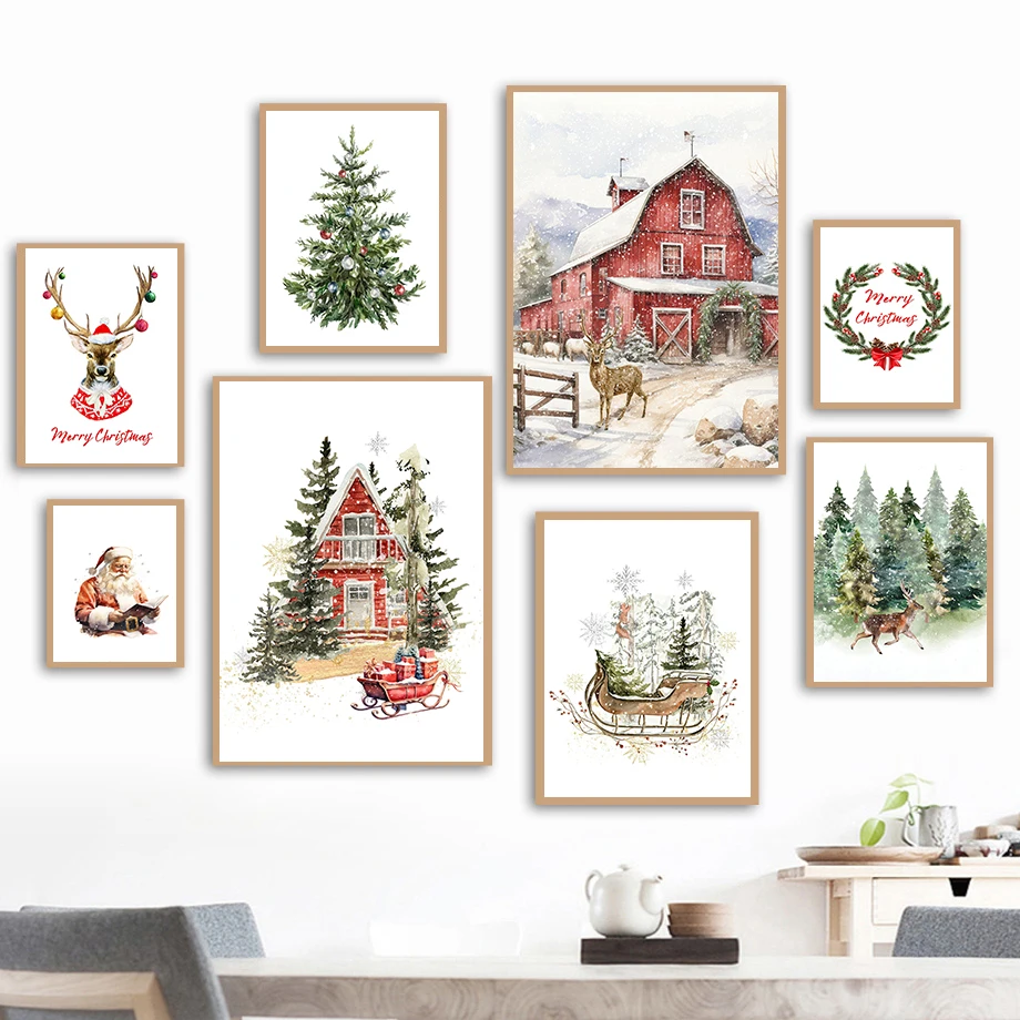 Reindeer Sleigh Christmas Decor Gift Print Christmas Stockings Wall Art Canvas Painting Nordic Poster Home Living Room Decor