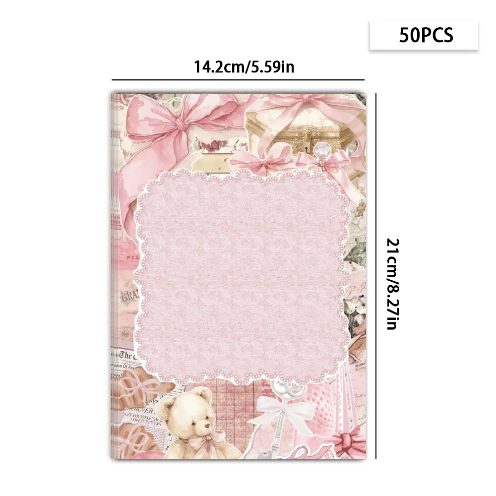 50 Sheets, Pink Vintage Watercolor Girl-themed Writing Paper, Lined, Glue-free, Perfect For Notebooks, Memos, And Stickers