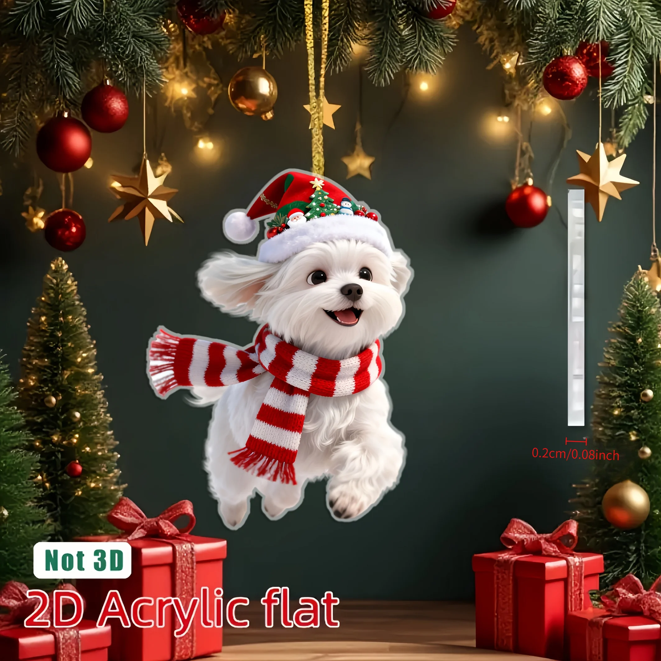 2D Flat Acrylic Maltese Dog Christmas Pendant – Car Mirror, Bag & Keychain Charm, No Power Needed