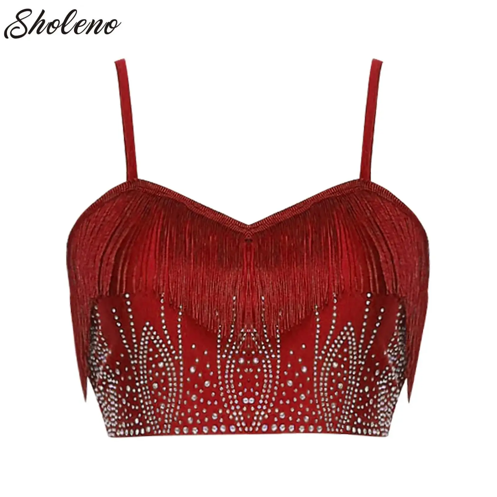 

Women Latin Tango Dance Performance Costume Fringed Tops Rumba Samba Chacha Dancewear Tassel Glittery Rhinestone Camisole