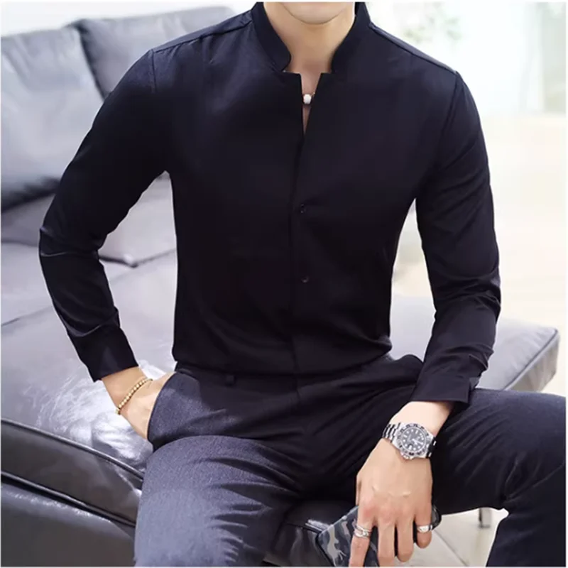 New Men Business Shirts Black/White Fashion Elegant Male Stand Collar Long Sleeve Tops Homme Wedding Party Dresses