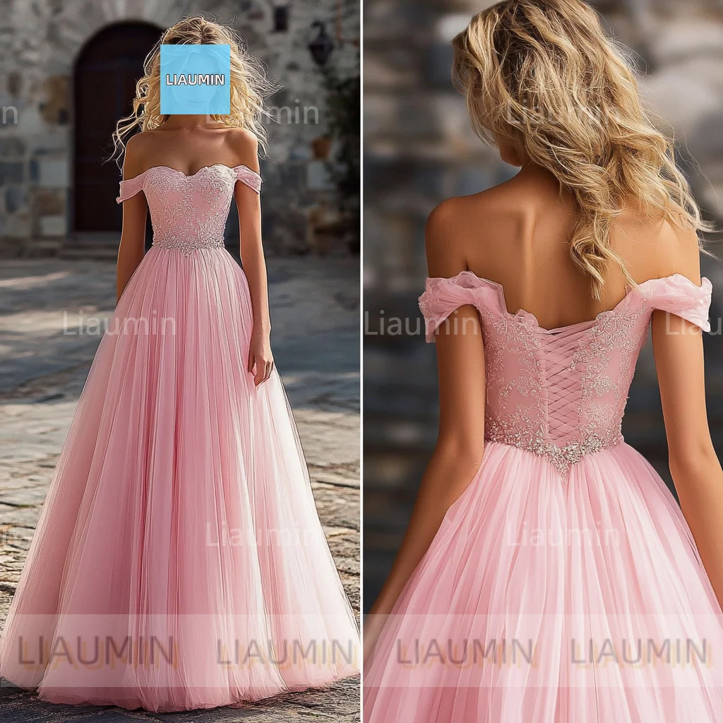 

Simple Pink A Line Off Shoulder Lace-up Floor Length Prom Formal Wedding Dresses Evening Bridesmaid Clothing Custom Made C-2