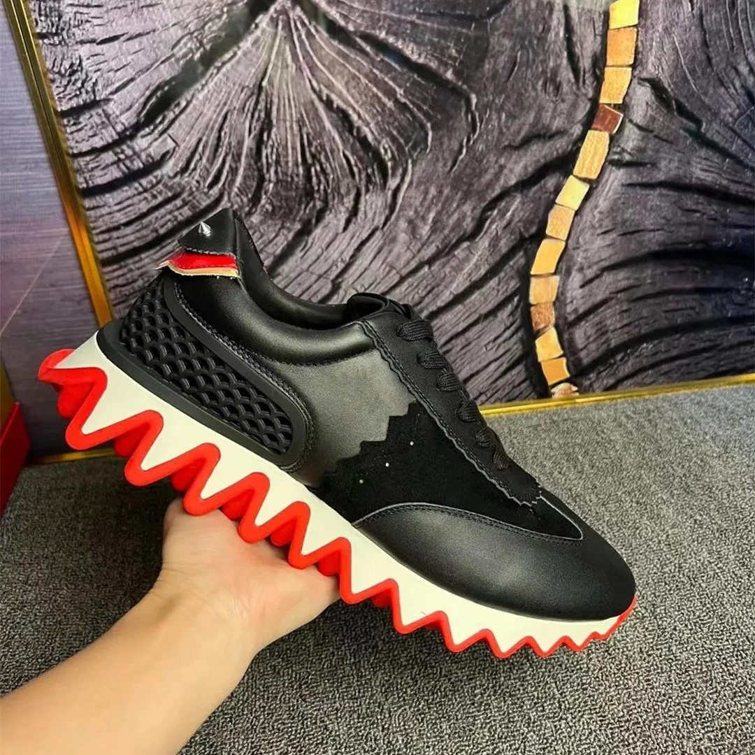 2025 autumn low cut rhinestone men's shoes shark thick sole height increasing red sole shoes genuine leather couple style women'