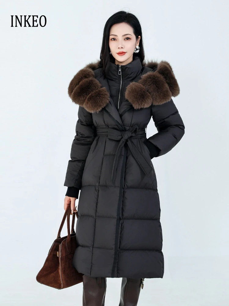 Luxuriöse Daunenjacke mit echtem Pelzkragen und Schärpen für Damen, 2026, Winter, warm, langer Gänsedaunenmantel mit Kapuze, schmal, warm, INKEO DJ 633