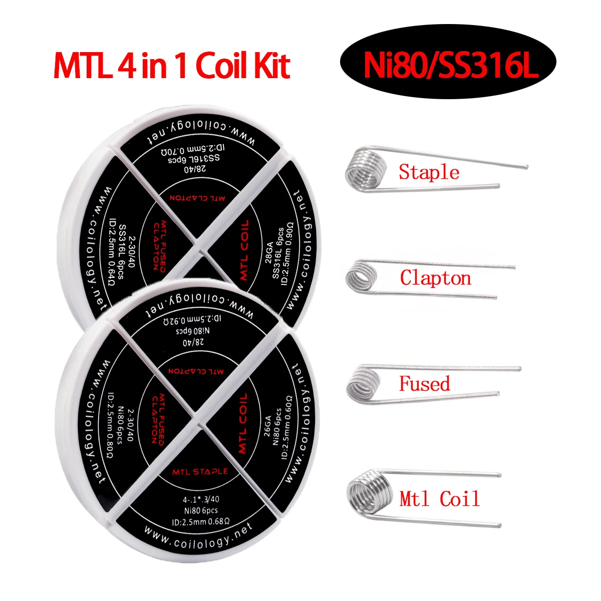 Coilology MTL 4in1 Coil kit Plain/Clapton/Fused Clapton/Staple Coils Ni80 and SS316L Φ2.5mm for MTL DIY Rebuild