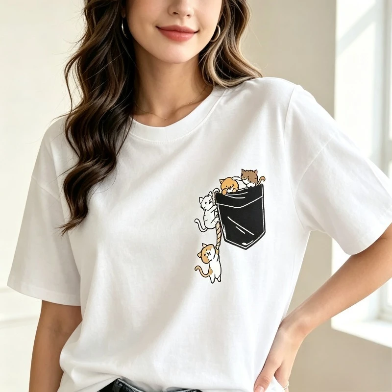 Women Pocket Cats Graphic Tee Climbing Kitten Cartoon Print Modal Casual Funny Cat Lover Gift Top
