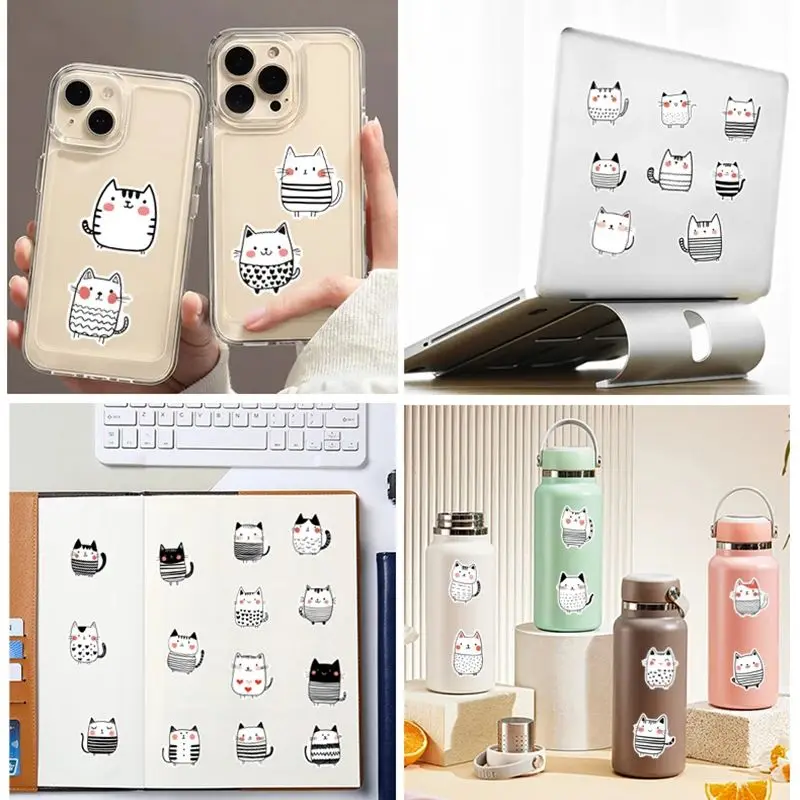 50Pcs Cute Black and White Fat Cat Stickers Kawaii Personality Graffiti Decals DIY Stationery Laptop Phone Skateboard Sticker