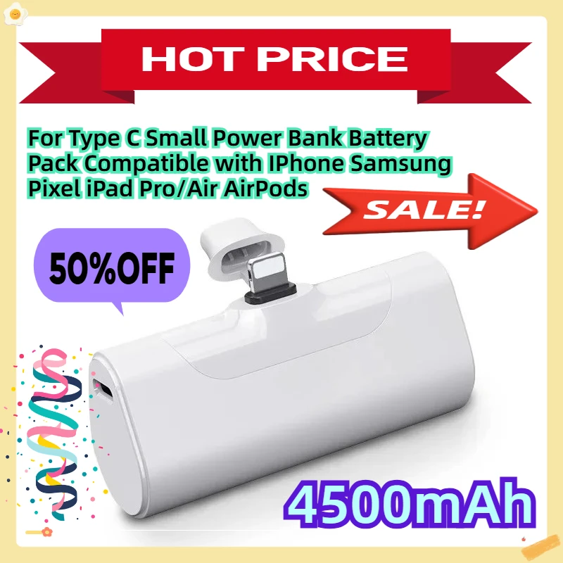 

For 4500mAh Type C Small Power Bank Battery Pack Compatible with IPhone Samsung Pixel iPad Pro/Air AirPods