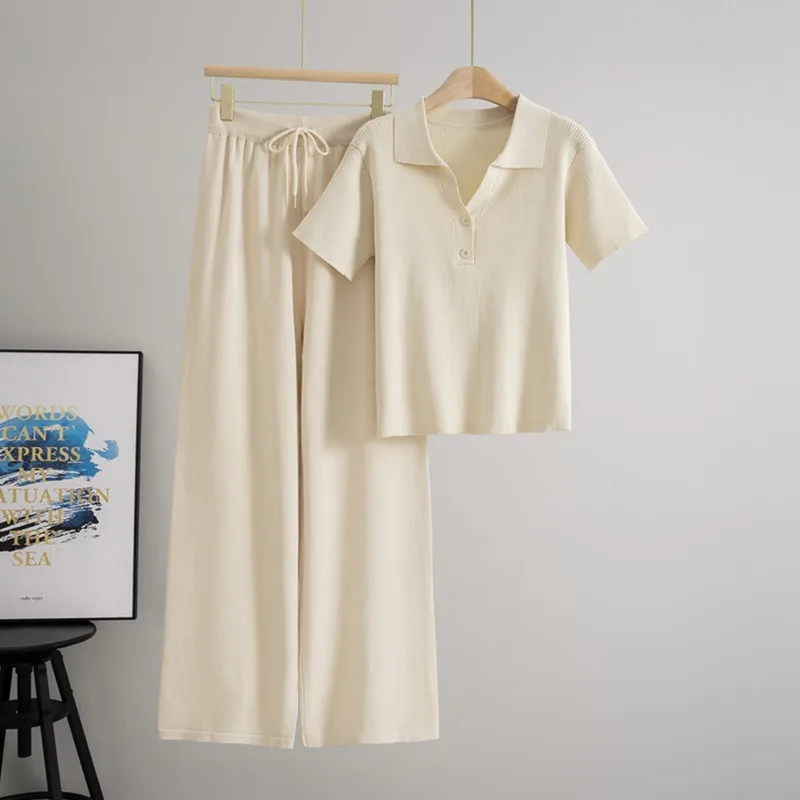 

Модные трикотажные топы с воротником-поло и короткими рукавами, футболка + брюки на эластичной талии со шнуровкой, комплект из 2 предметов, женский летний повседневный комплект для женщин