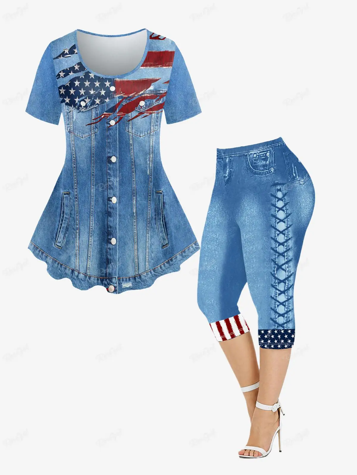

ROSEGAL-Women's 3D Jeans American Flag Printed Tee and Capri Leggings, Oversized Matching Set, Patriotic Graphic Outfits
