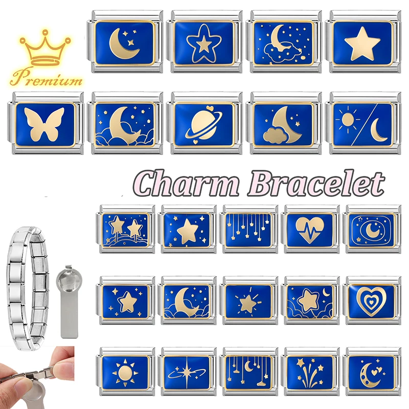 Y2K Fashion Drop Glaze Tarot Cards Series Blue Moon Star Italian Charm Link Fit 9mm Bracelet Stainless Steel Jewelry DIY Making