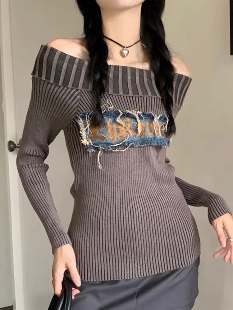 QWEEK Grunge Sweater Women Y2k Off Shoulder Knitted Pullover Punk Vintage Slim Fit Sexy Pulls Aesthetic 2000s Long Sleeve Jumper