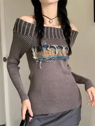 QWEEK Grunge Sweater Women Y2k Off Shoulder Knitted Pullover Punk Vintage Slim Fit Sexy Pulls Aesthetic 2000s Long Sleeve Jumper