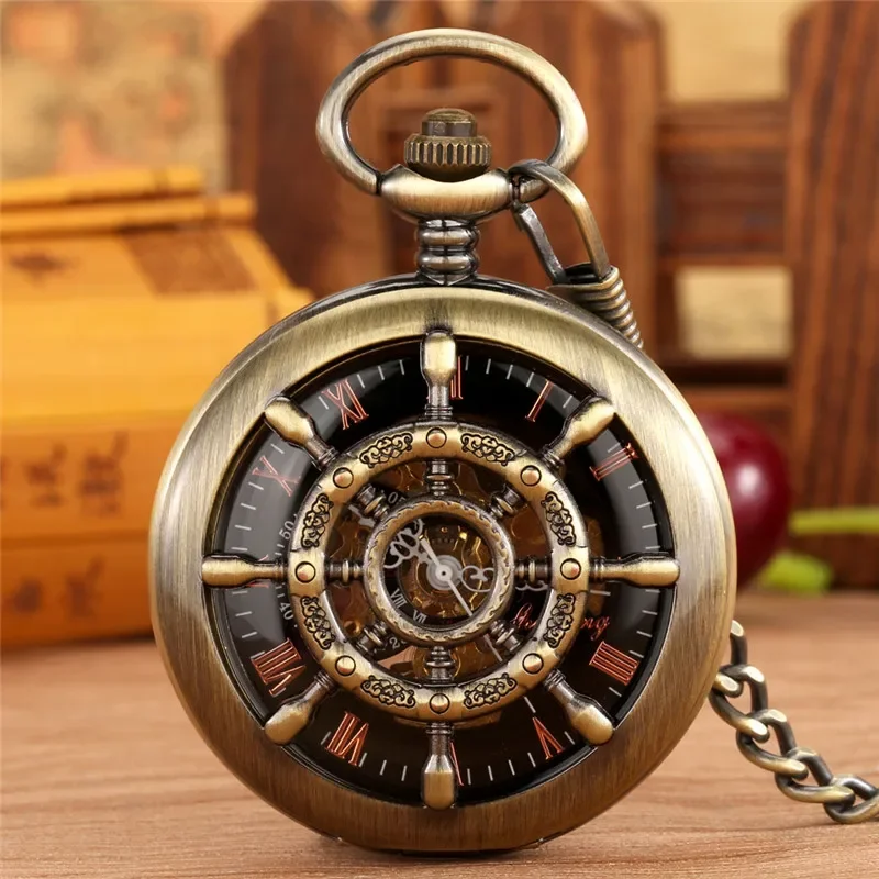 Vintage Hollow Out Rudder Design Men Women Handwinding Mechanical Pocket Watch Pendant Chain Roman Number Display Clock Gift