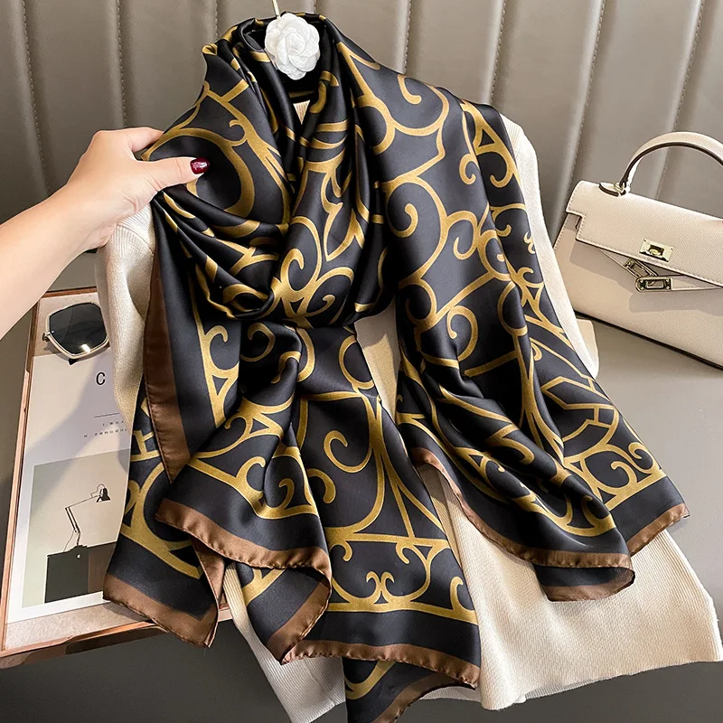 Marca de luxo real preto ouro cetim lenço de seda feminino marca moda cachecol grande xales pashmina hijab foulard design retro flor