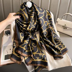 Bufanda de seda satinada de marca de lujo para mujer, chales grandes, Pashmina, Hijab, Foulard, diseño Retro de flores, color negro y dorado