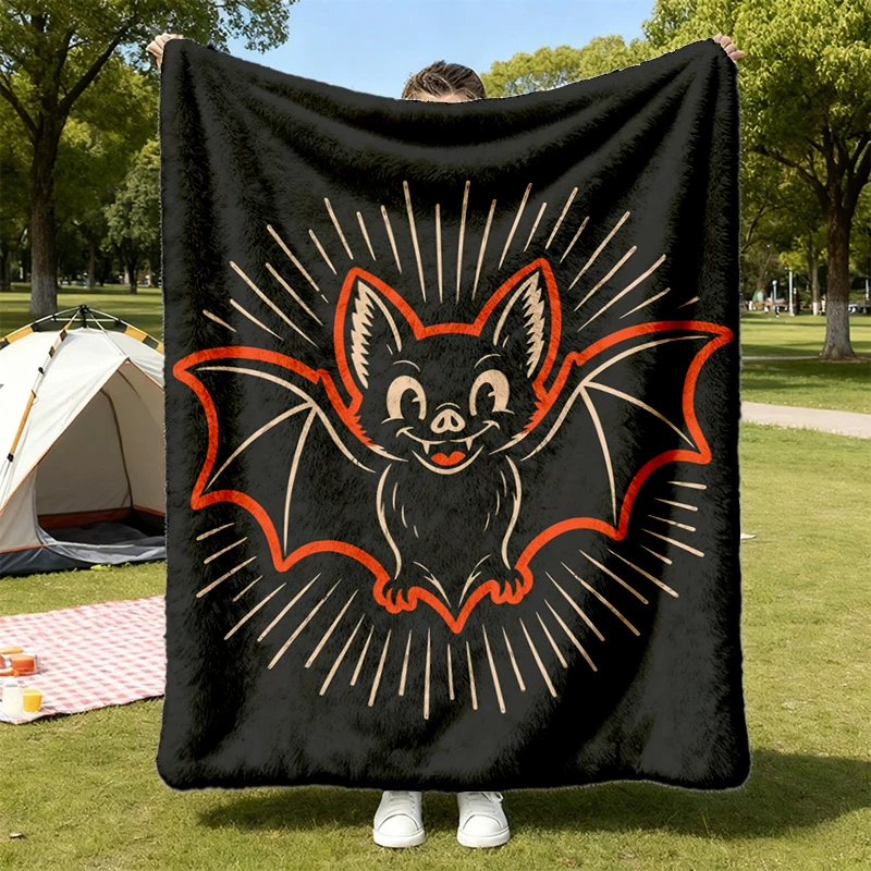 Retro Bat Flannel Blanket For Women, Men, Spooky Season, Oversize, Unisex Comfort Colors Flannel Blanket