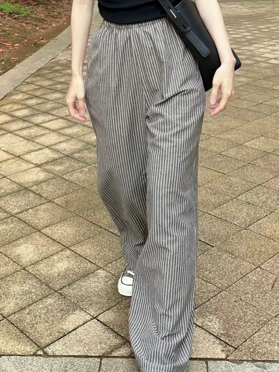 Grey Striped Linen Wide Leg Pants Women's Spring Japanese Style Small Size Cotton Linen Loose Casual Straight Leg Trousers