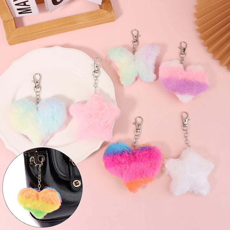 

Cute Plush Key Chain Rainbow Heart Star Key Ring Backpack Car Charms Decoration Bag Accessories Toy Doll Lovely Keyring Pendant