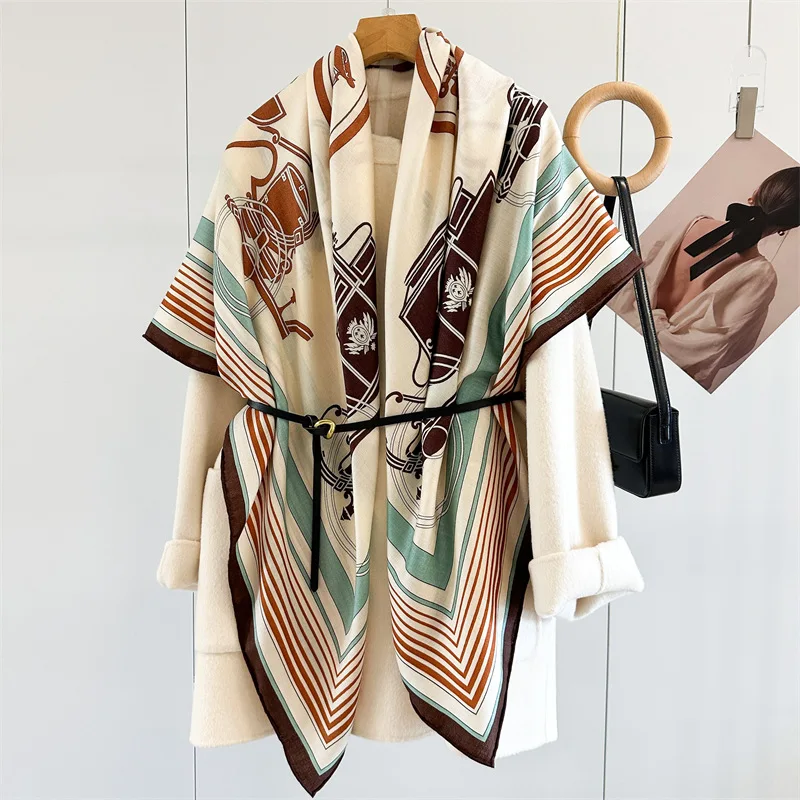 

High-end sense of book seal carriage silk wool large scarf new autumn and winter warm silk wool scarf with a shawl on top