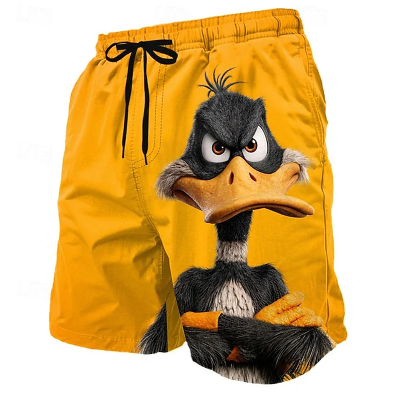 Summer Men Cartoon Duck 3D Print Board Shorts Quick‑Dry Swim Trunks Elastic Drawstring Waist Side Pockets Novelty Beach Shorts