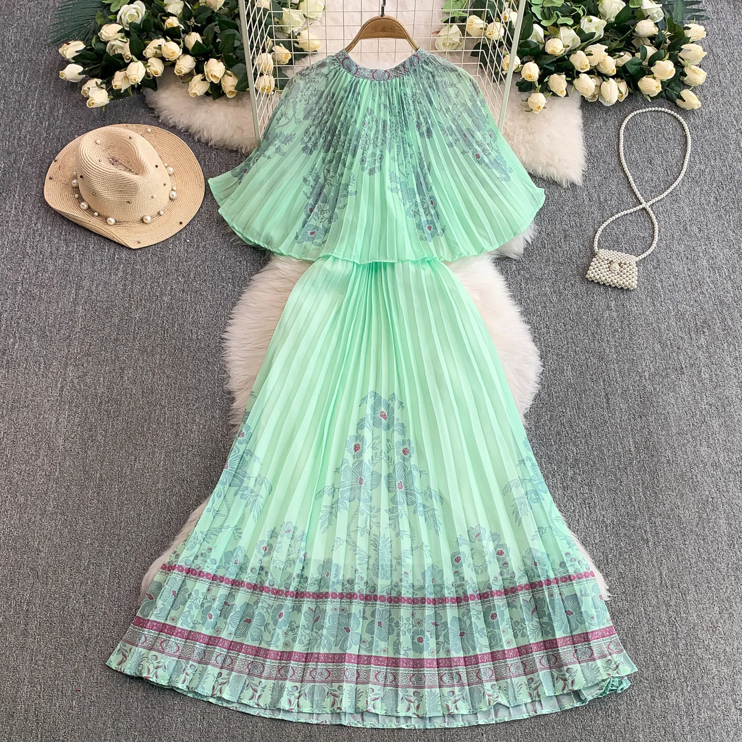 2025 วันหยุด Retro พิมพ์รอบคอชุดผู้หญิงฤดูร้อน Smock สไตล์เอวกระชับสัดส่วนชุดยาว Bohemian Beach Dress