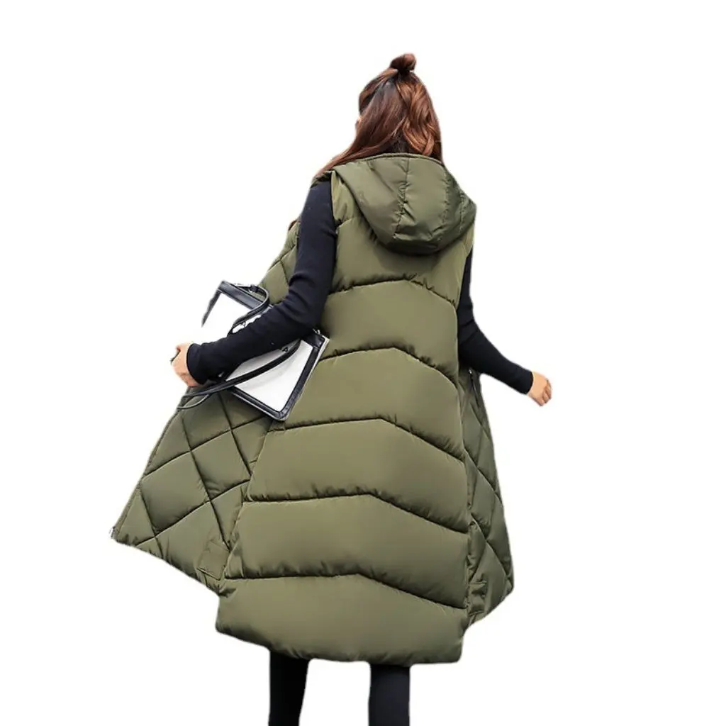 

Women's Autumn Winter down Cotton Vest with Hood Sleeveless Mid-Length Warm Wholesale Vest for Ladies