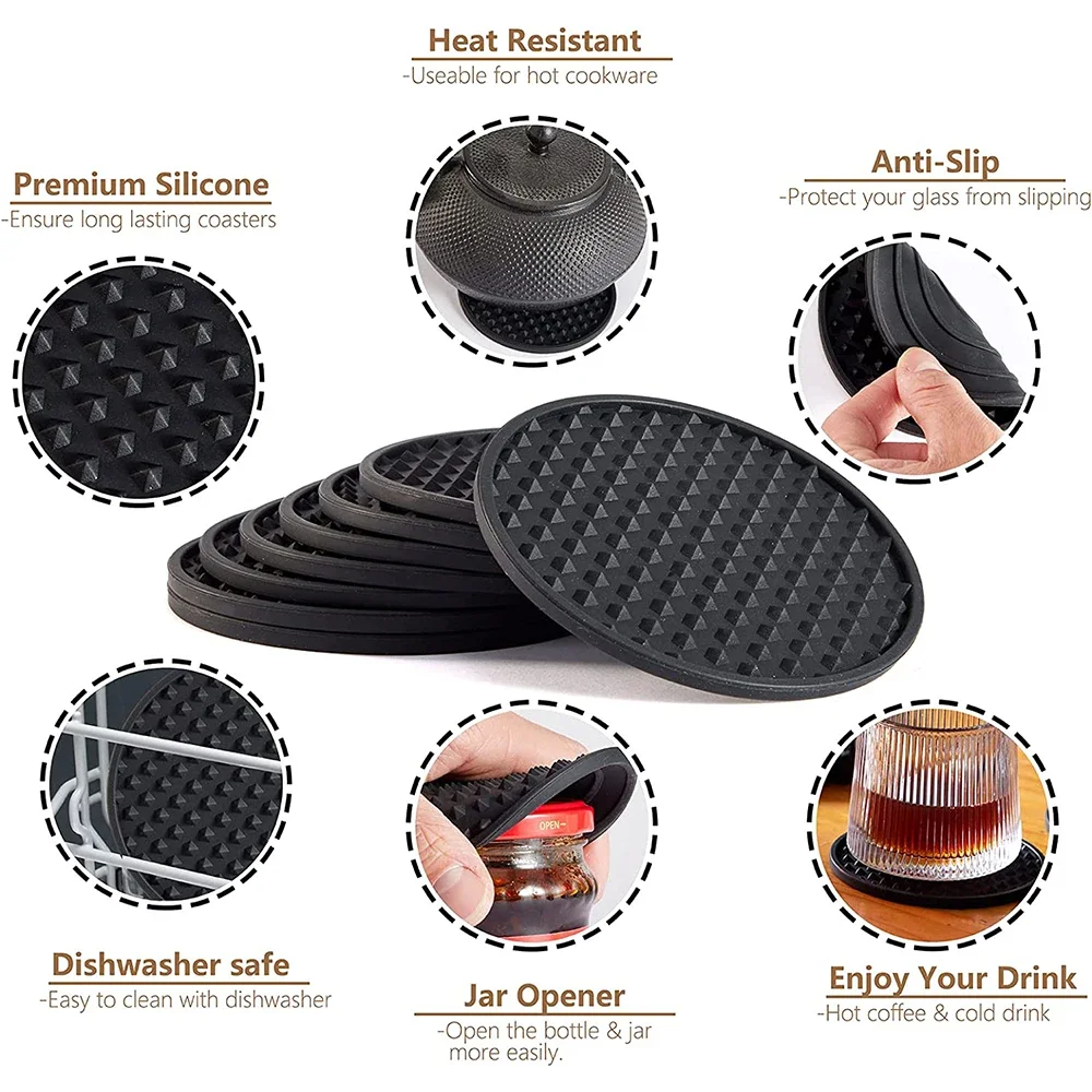 Silicone Drink Coasters with Holder Heat Resistant Cup Dish Drying Mat Tabletop Protection Non-Slip Coasters for Drinks 1Set