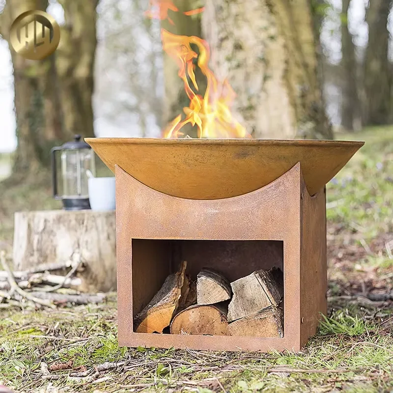 Outdoor Heating Corten Steel Round Fire Pit with Rusty Finish Heat-Resistant 2mm Thick Firewood Storage Wood Burning Hao Yang view 2