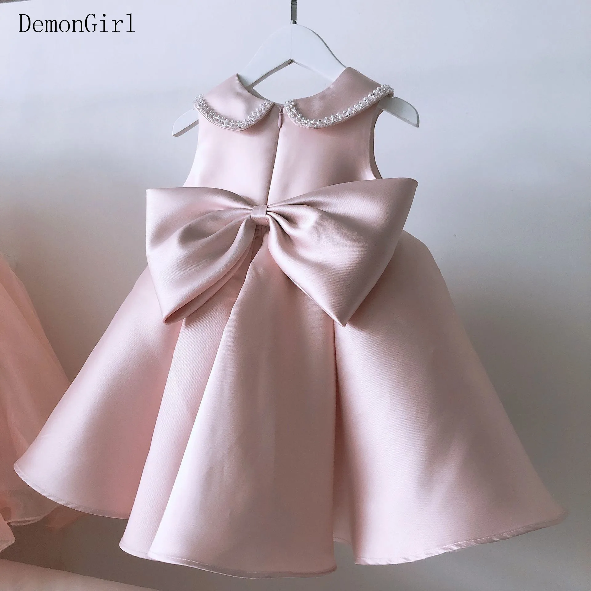 Lovely Pink Flower Girl Dress Big Satin Bow Short Length Kids Girl Birthday Party First Communion Dress Ball Gown