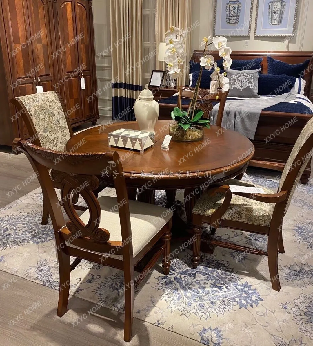 Solid wood round dining table 1.2 meters 1.35 meters carved dining table dining chair combination