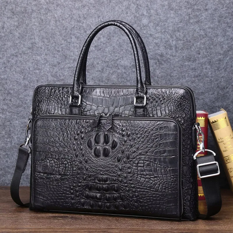 

Retro Handmade Men's Crocodile Skull Pattern Briefcase Leather Business Handbag Capacity Men's Sinle Shoulder Leather Laptop Bag