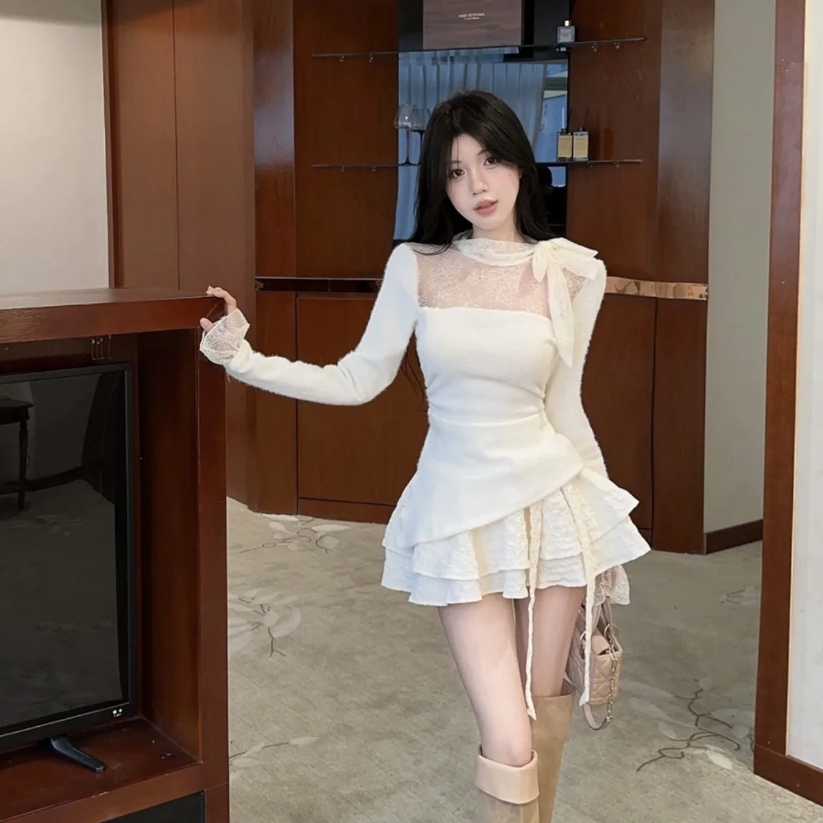   Knoten Spitze Spleißen Gestrickte Glocke Sve Top ort Rock Set frauen Faion Herbst Winter Neue Ankunft Süße Sle